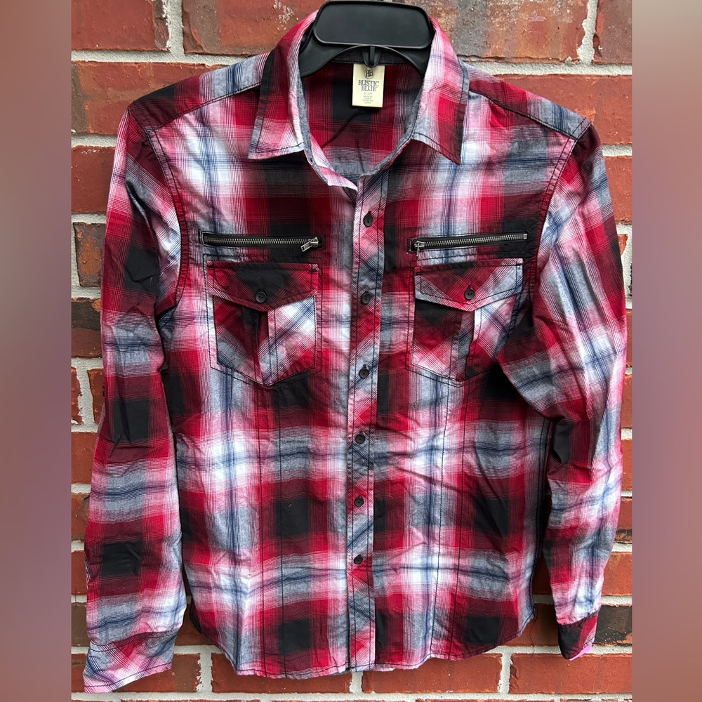 Rustic Blue Mens Long Sleeve Button Down Red/Black Plaid Small Shirt w Pockets